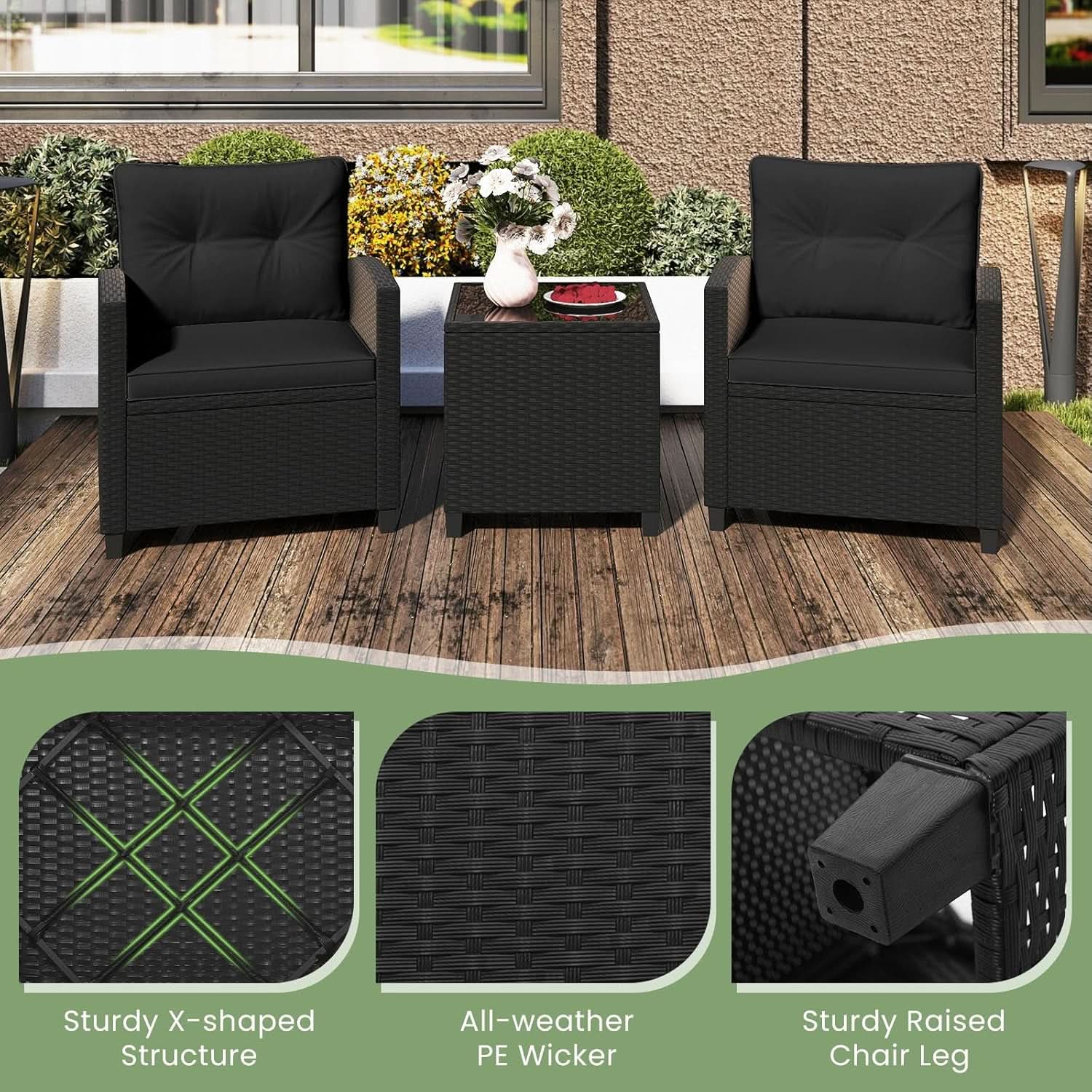 3 Piece Outdoor Patio Furniture Set Black Wicker Conversation Set With Cushions And Glass Coffee Table