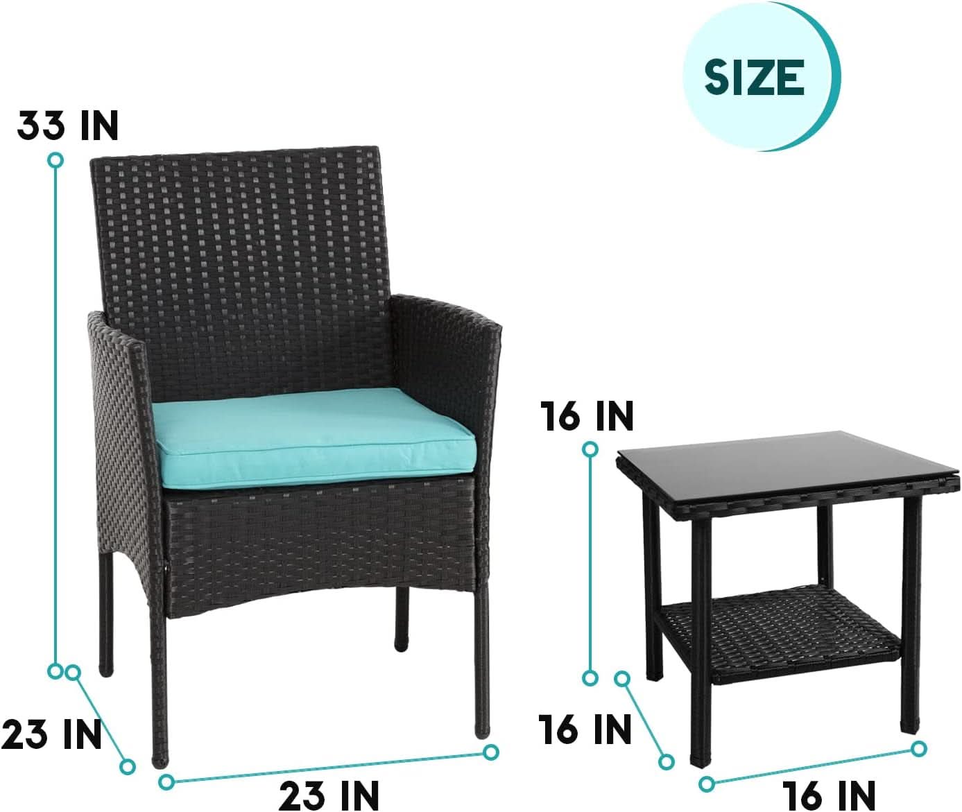 3 Piece Outdoor Patio Furniture Set With 2 Rattan Chairs And Blue Cushions For Porch And Garden
