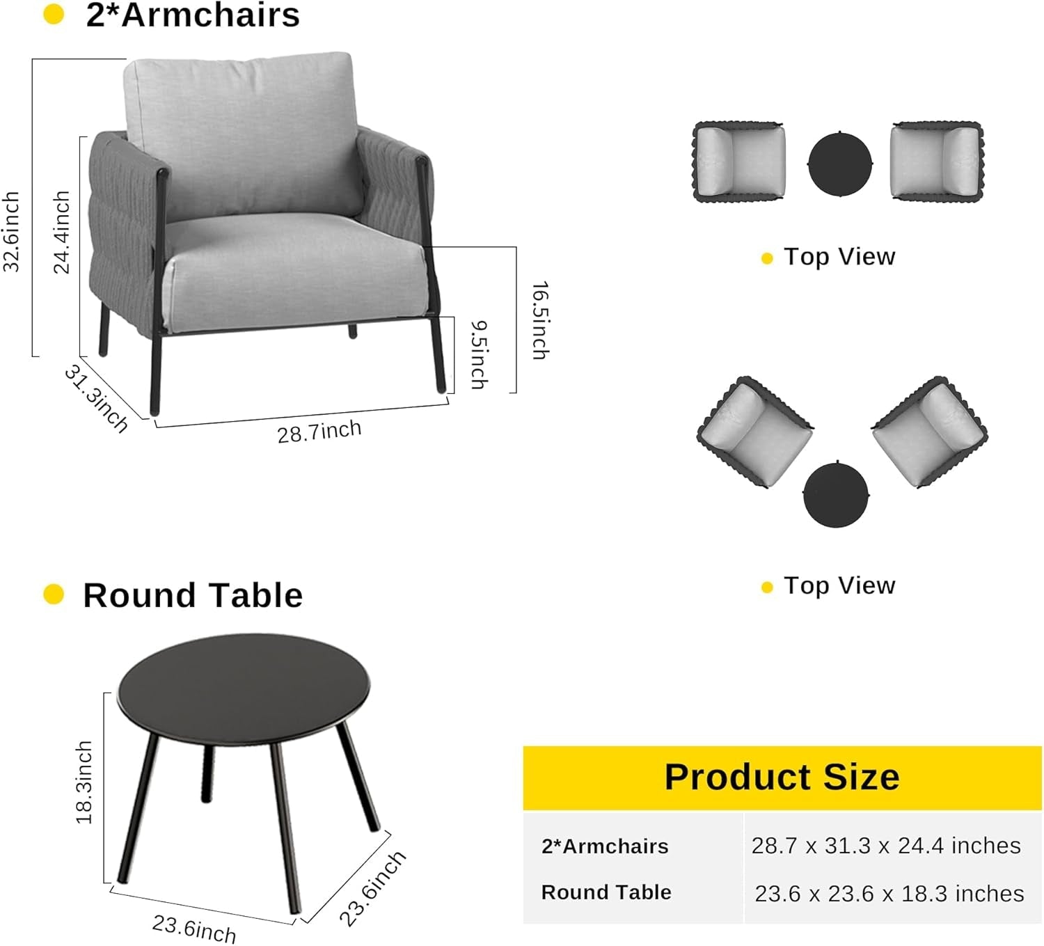 3 Piece Outdoor Patio Furniture Set With Deep Seating Armchairs And Coffee Table In Earth Black And Misty Grey Cushions