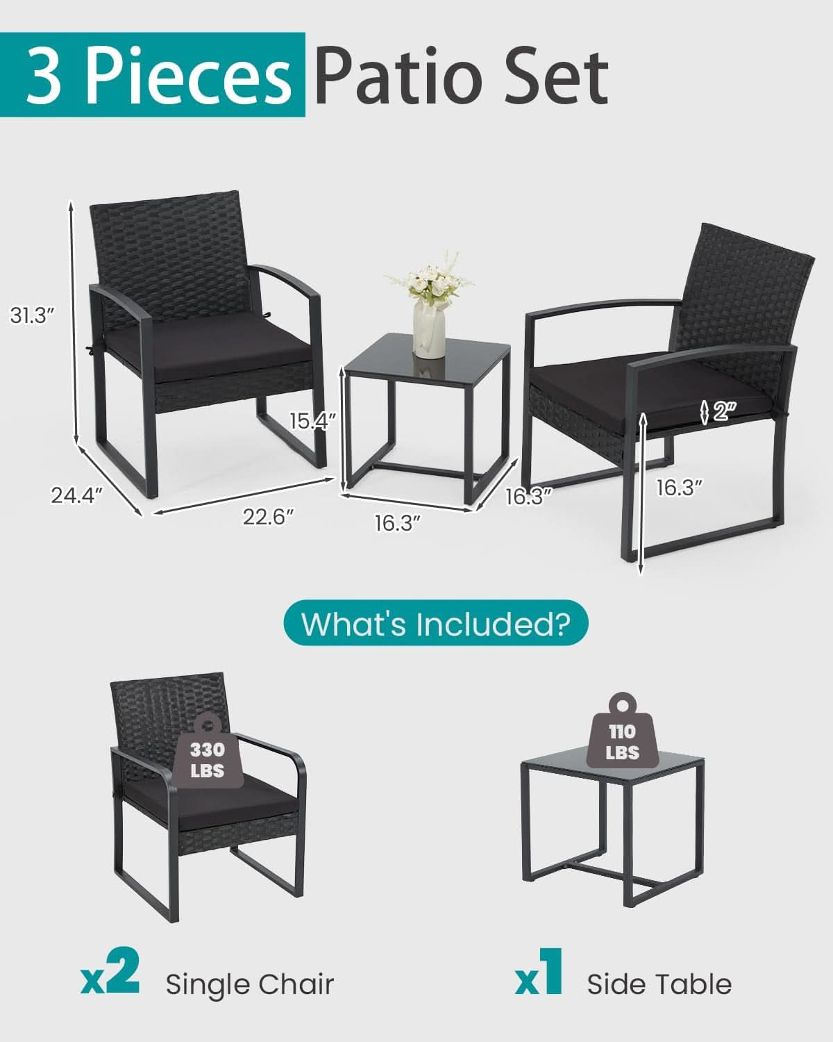 3 Piece Outdoor Rattan Patio Furniture Set With Durable Steel Frame And Strapped Cushions