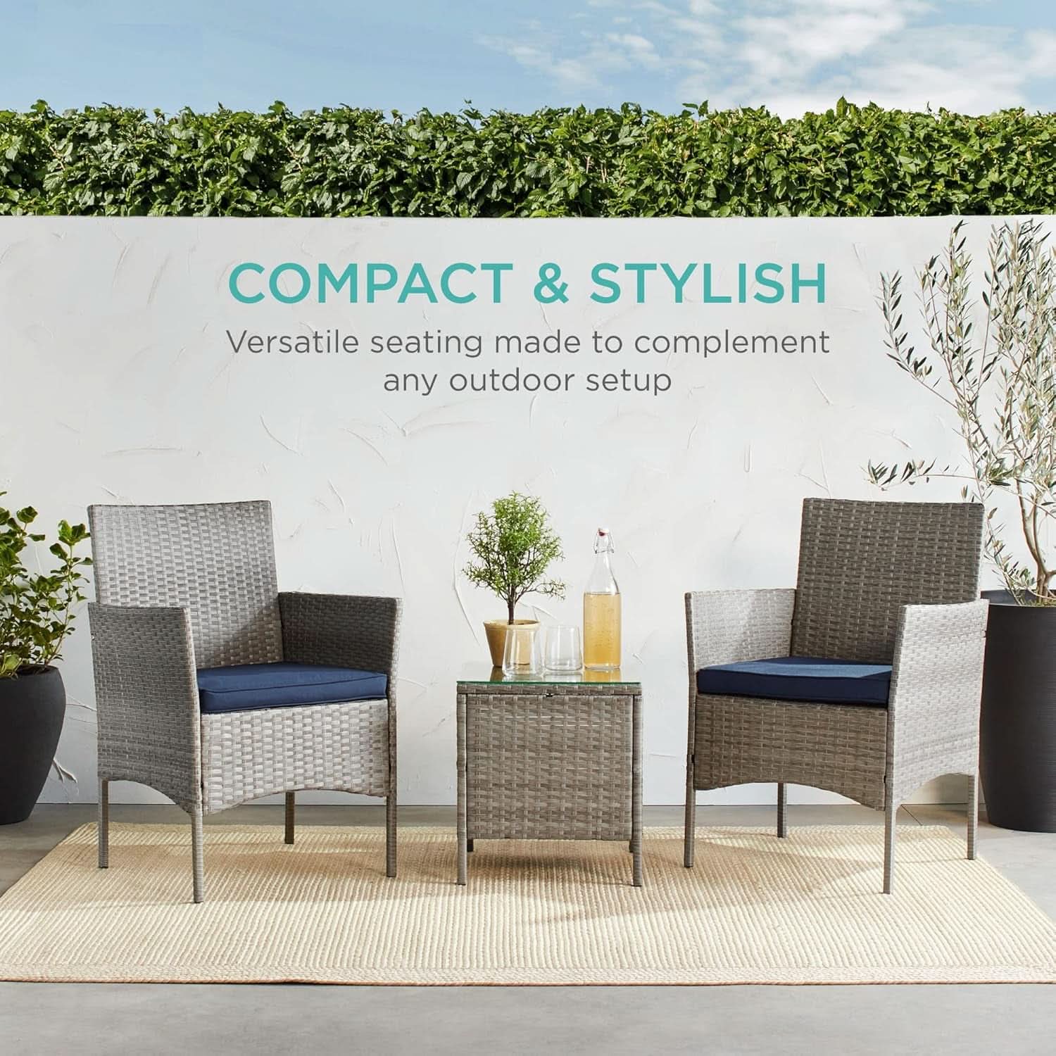 3-Piece Outdoor Wicker Bistro Set Gray and Navy Patio Furniture