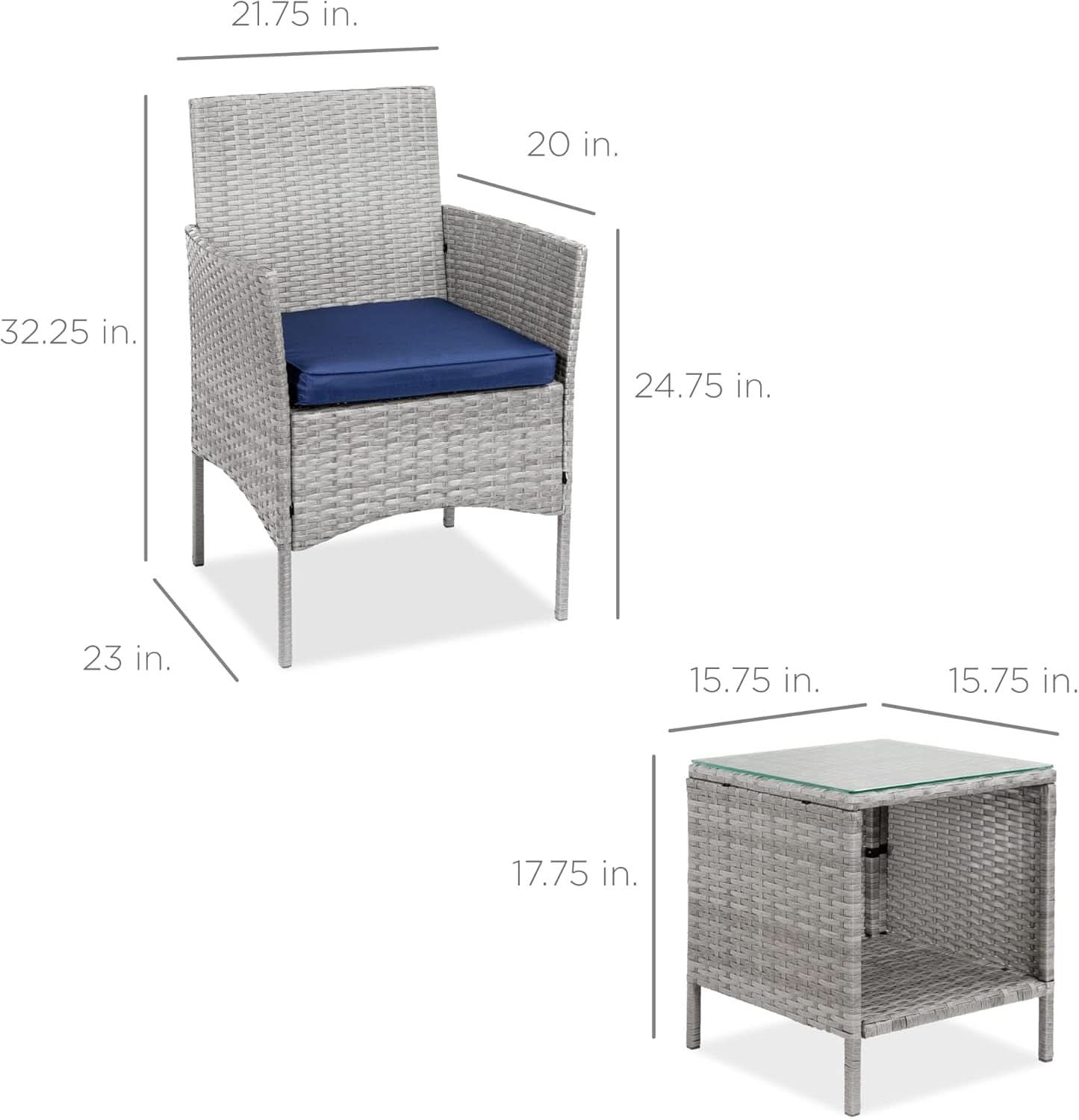 3-Piece Outdoor Wicker Bistro Set Gray and Navy Patio Furniture