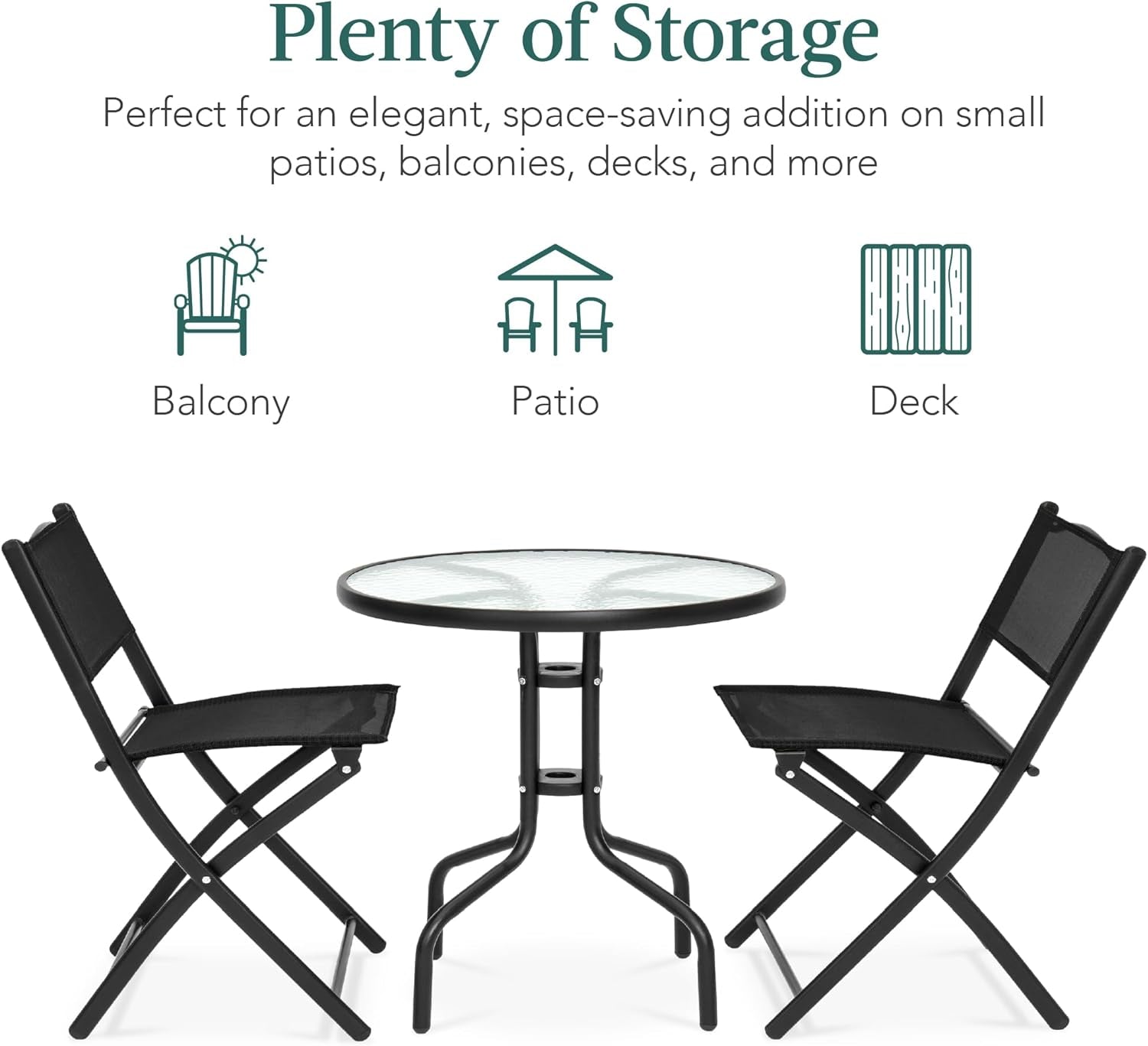 3 Piece Patio Bistro Dining Set Glass Tabletop Black