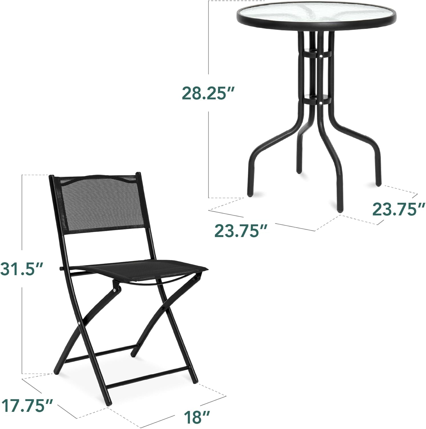 3 Piece Patio Bistro Dining Set Glass Tabletop Black