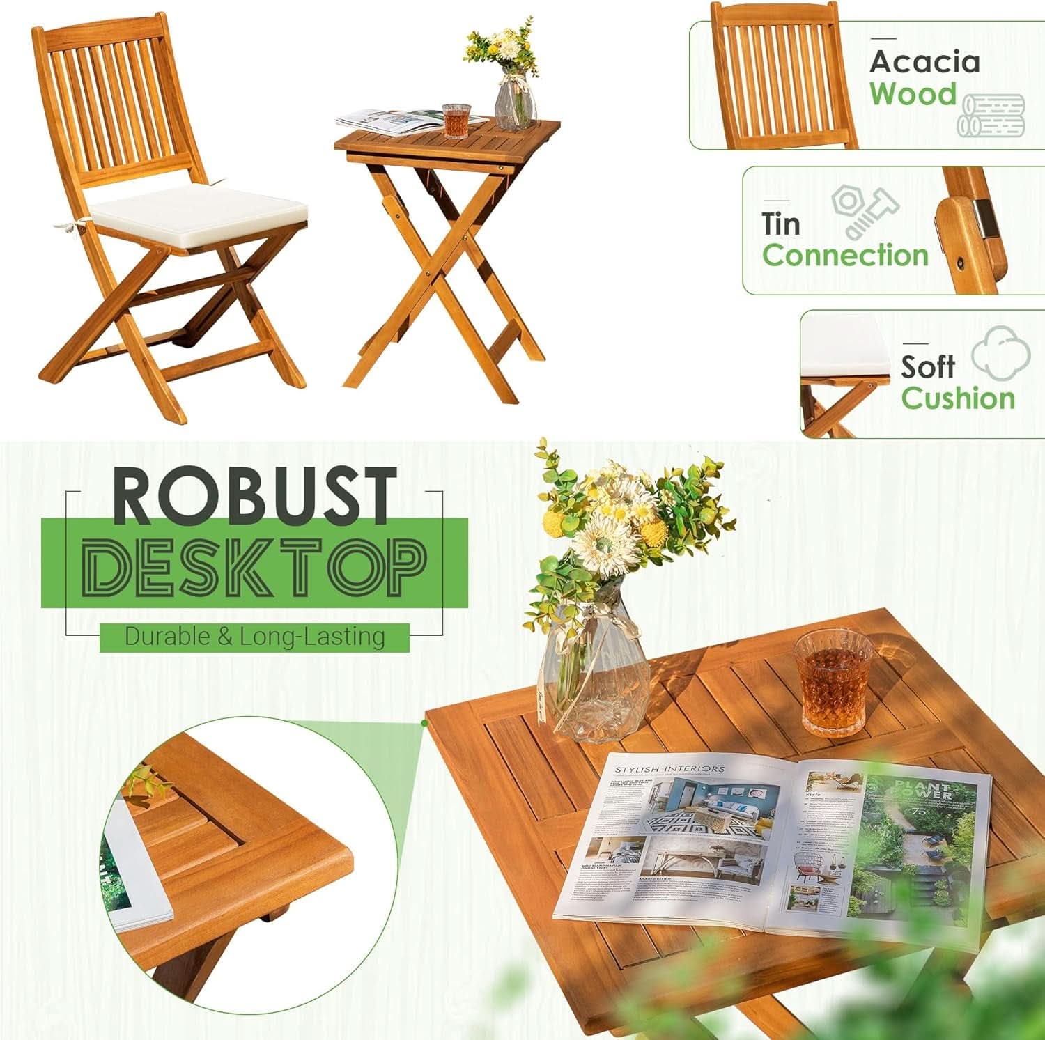 3 Piece Patio Folding Bistro Set With 2 Cushions Acacia Wood Outdoor Furniture For Pool And Garden
