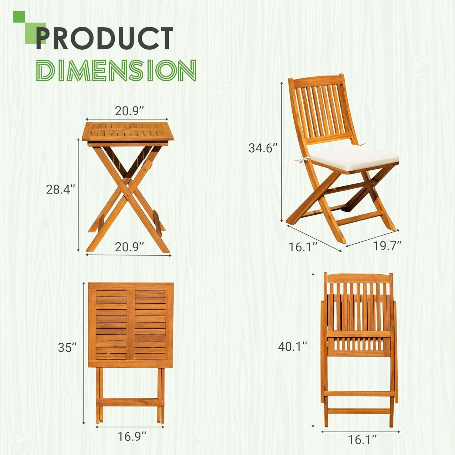 3 Piece Patio Folding Bistro Set With 2 Cushions Acacia Wood Outdoor Furniture For Pool And Garden