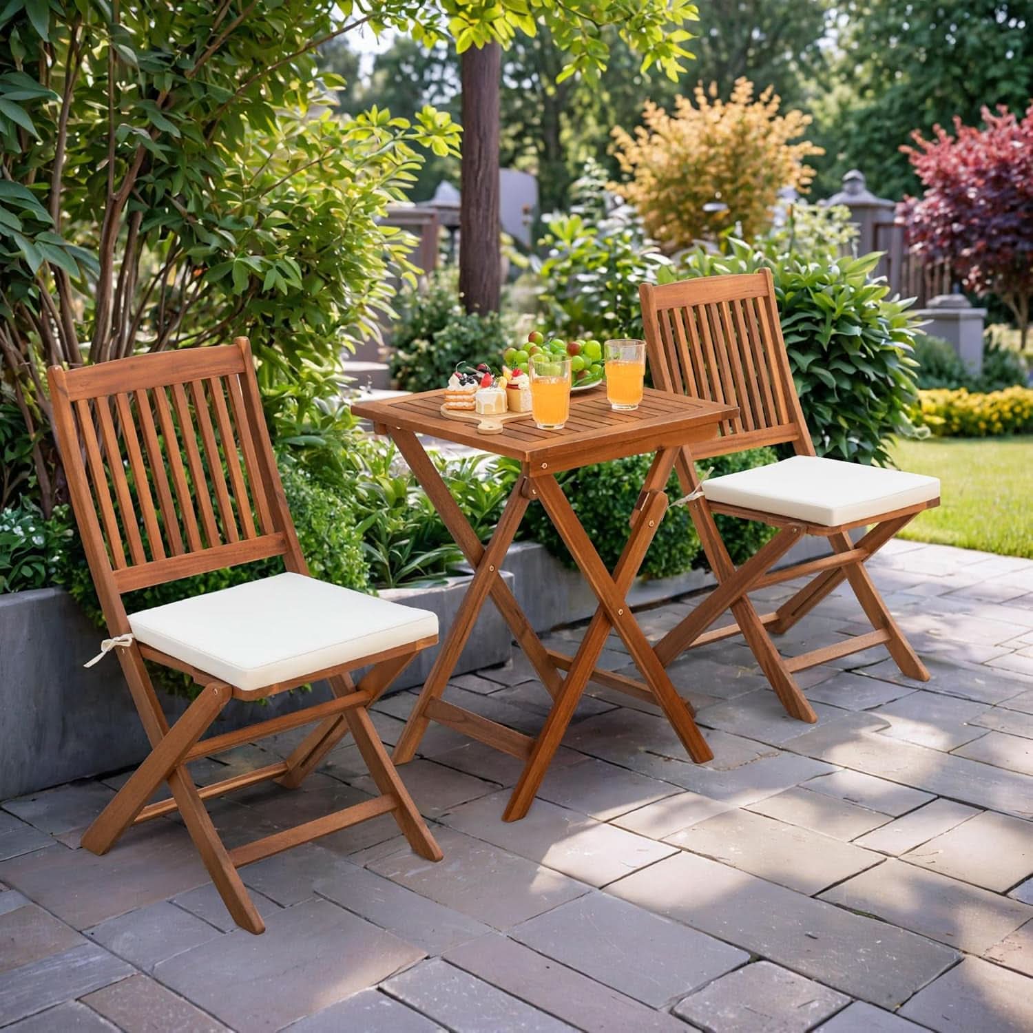 3 Piece Patio Folding Bistro Set With 2 Cushions Acacia Wood Outdoor Furniture For Pool And Garden