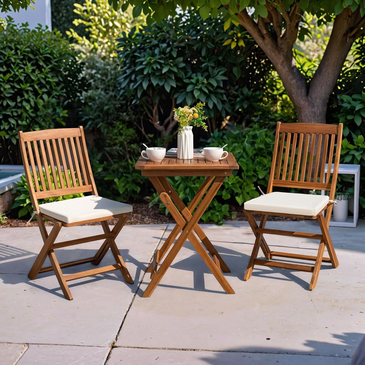 3 Piece Patio Folding Bistro Set With 2 Cushions Acacia Wood Outdoor Furniture For Pool And Garden