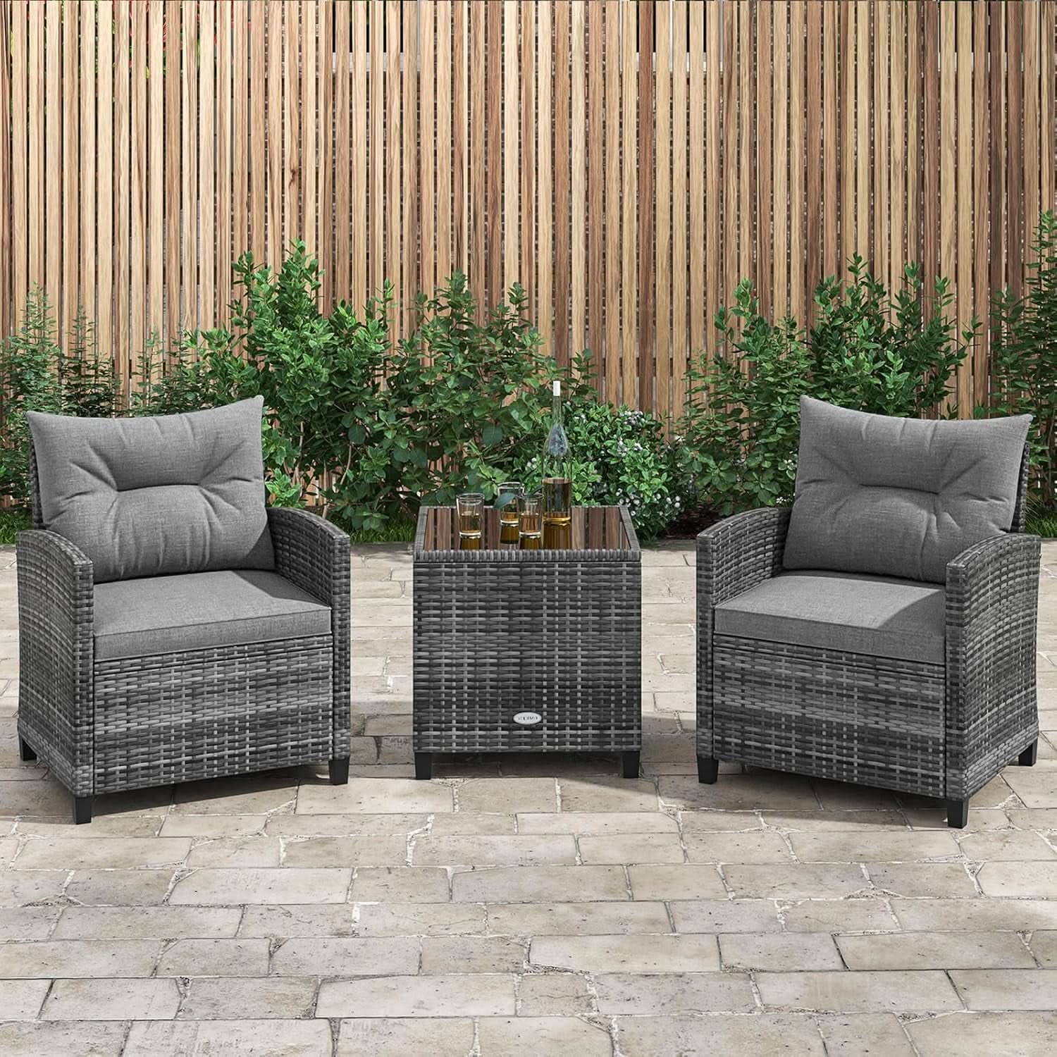 3 Piece Patio Furniture Set Outdoor PE Rattan Conversation Set With Washable Cushions And Tempered Glass Table Grey