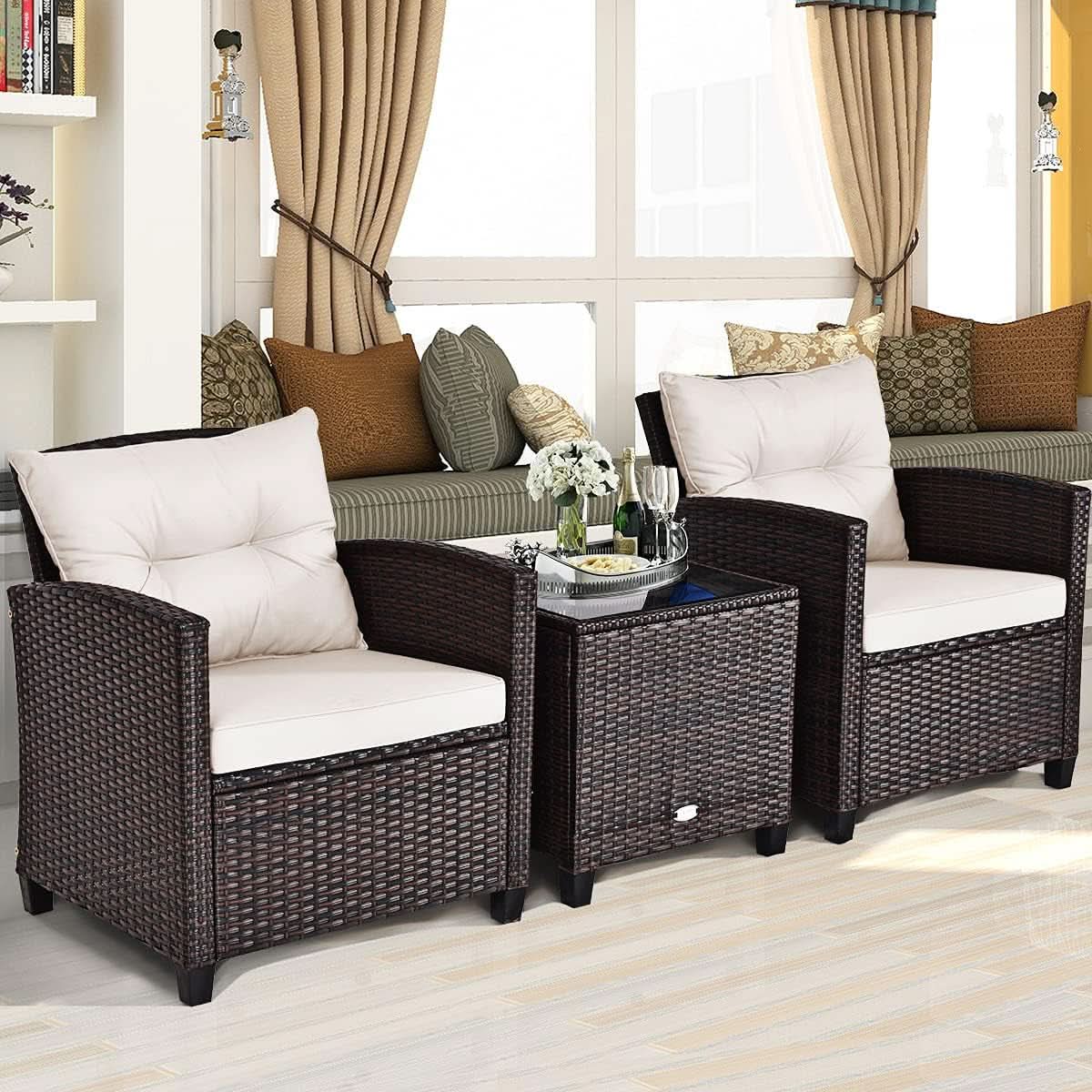 3 Piece Patio Furniture Set White PE Rattan Wicker Outdoor Sofa Set With Washable Cushions And Tempered Glass Tabletop
