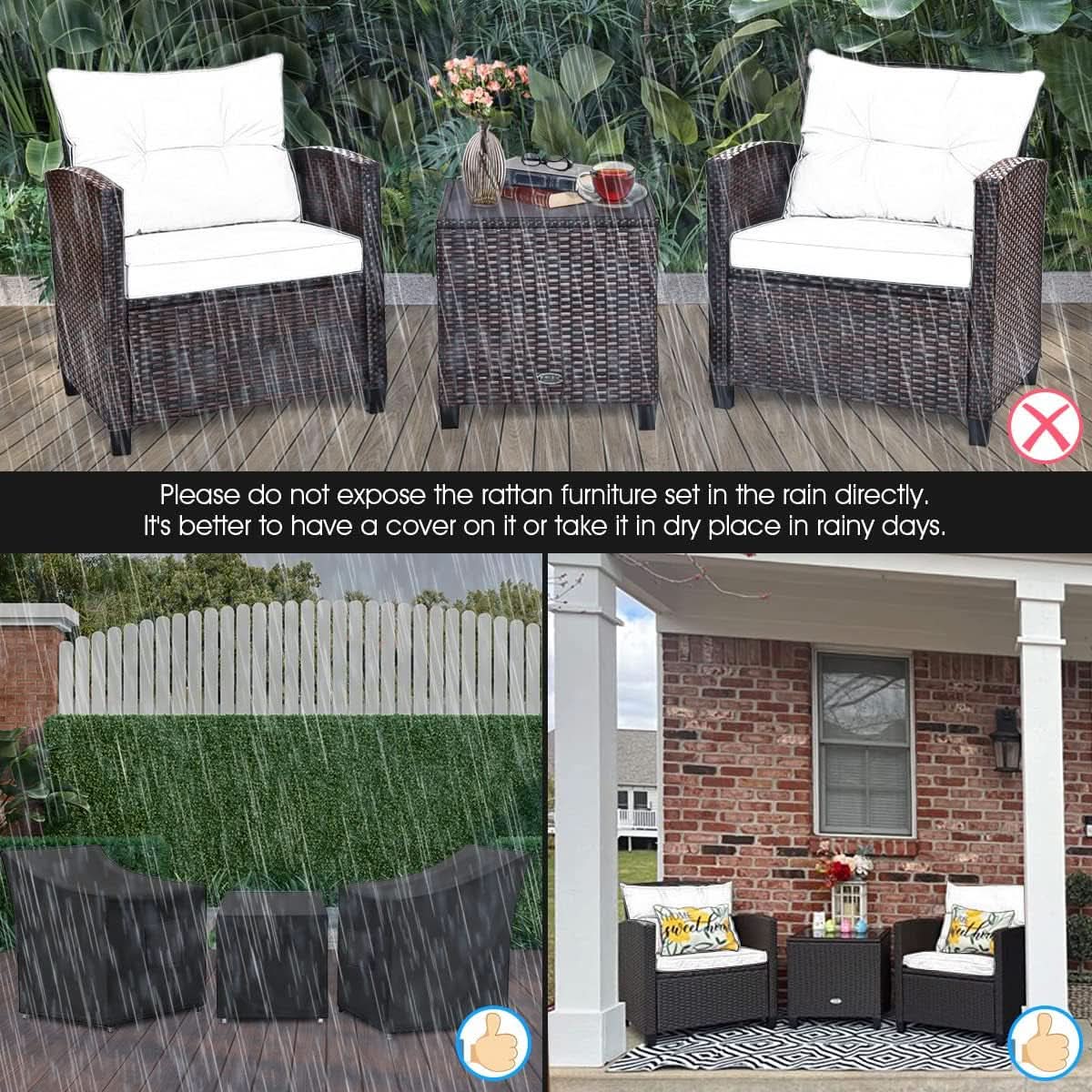 3 Piece Patio Furniture Set White PE Rattan Wicker Outdoor Sofa Set With Washable Cushions And Tempered Glass Tabletop