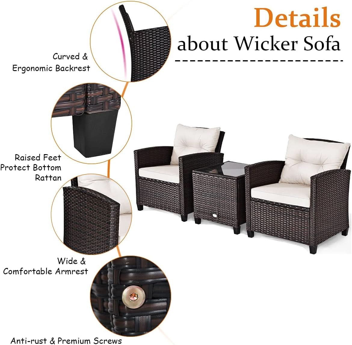 3 Piece Patio Furniture Set White PE Rattan Wicker Outdoor Sofa Set With Washable Cushions And Tempered Glass Tabletop