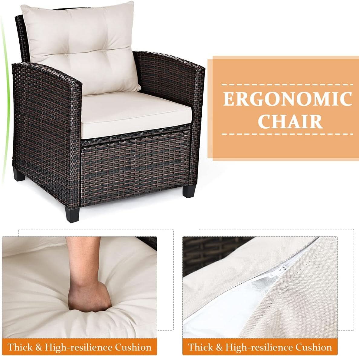 3 Piece Patio Furniture Set White PE Rattan Wicker Outdoor Sofa Set With Washable Cushions And Tempered Glass Tabletop