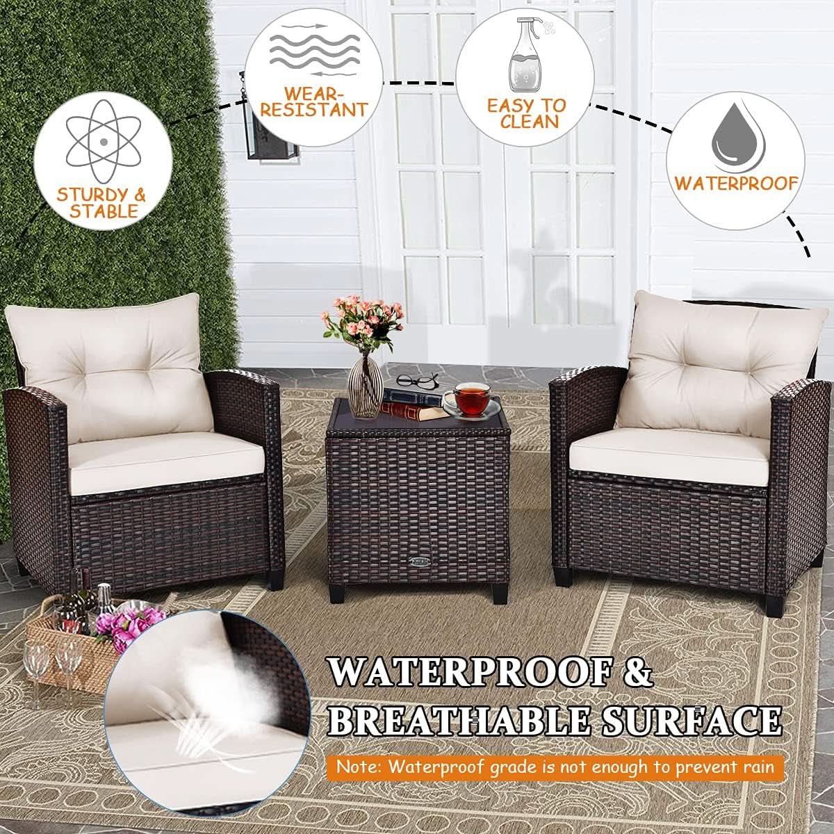 3 Piece Patio Furniture Set White PE Rattan Wicker Outdoor Sofa Set With Washable Cushions And Tempered Glass Tabletop