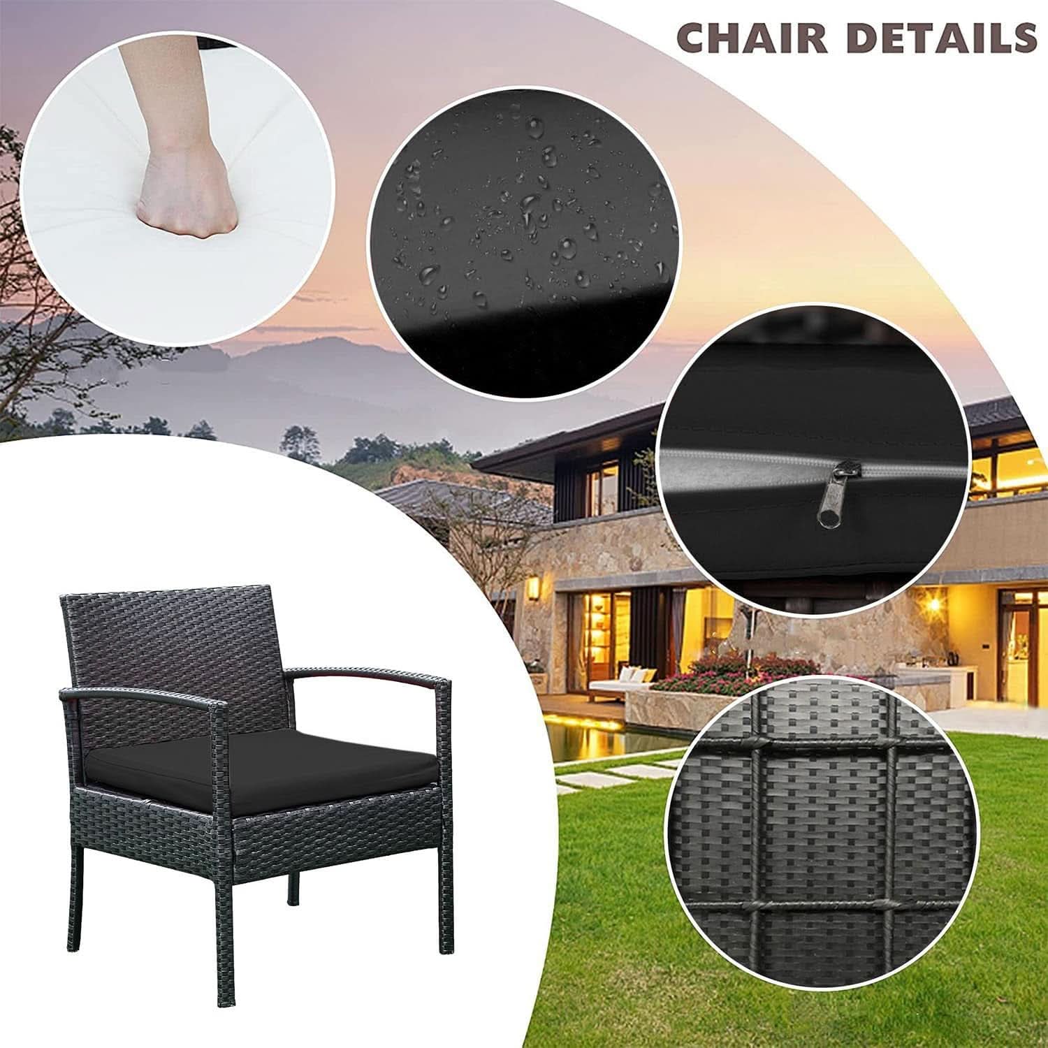 3 Piece Patio Rattan Conversation Chairs Set Outdoor Furniture Black Wicker For Garden Balcony Porch Yard