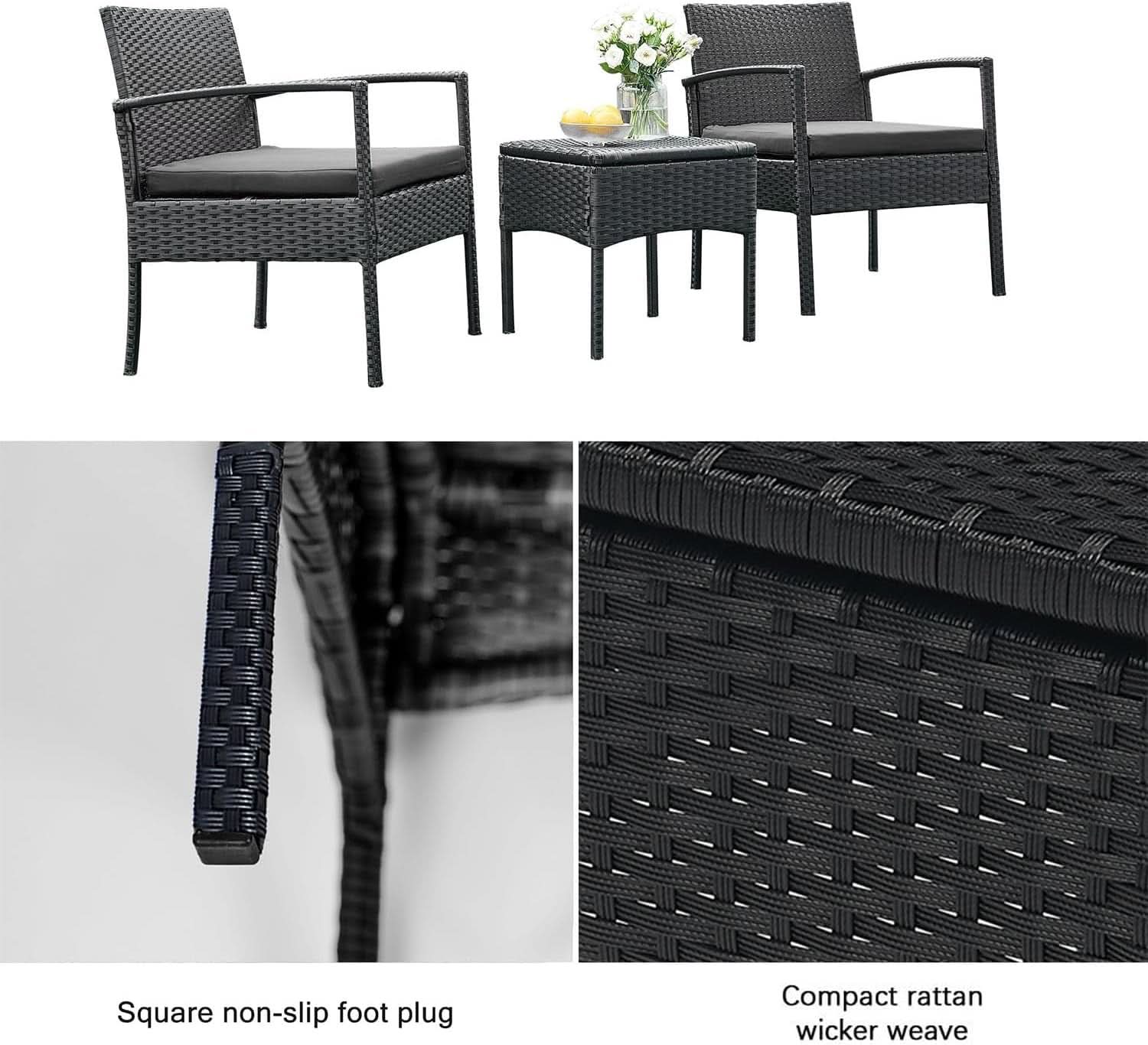 3 Piece Patio Rattan Conversation Chairs Set Outdoor Furniture Black Wicker For Garden Balcony Porch Yard