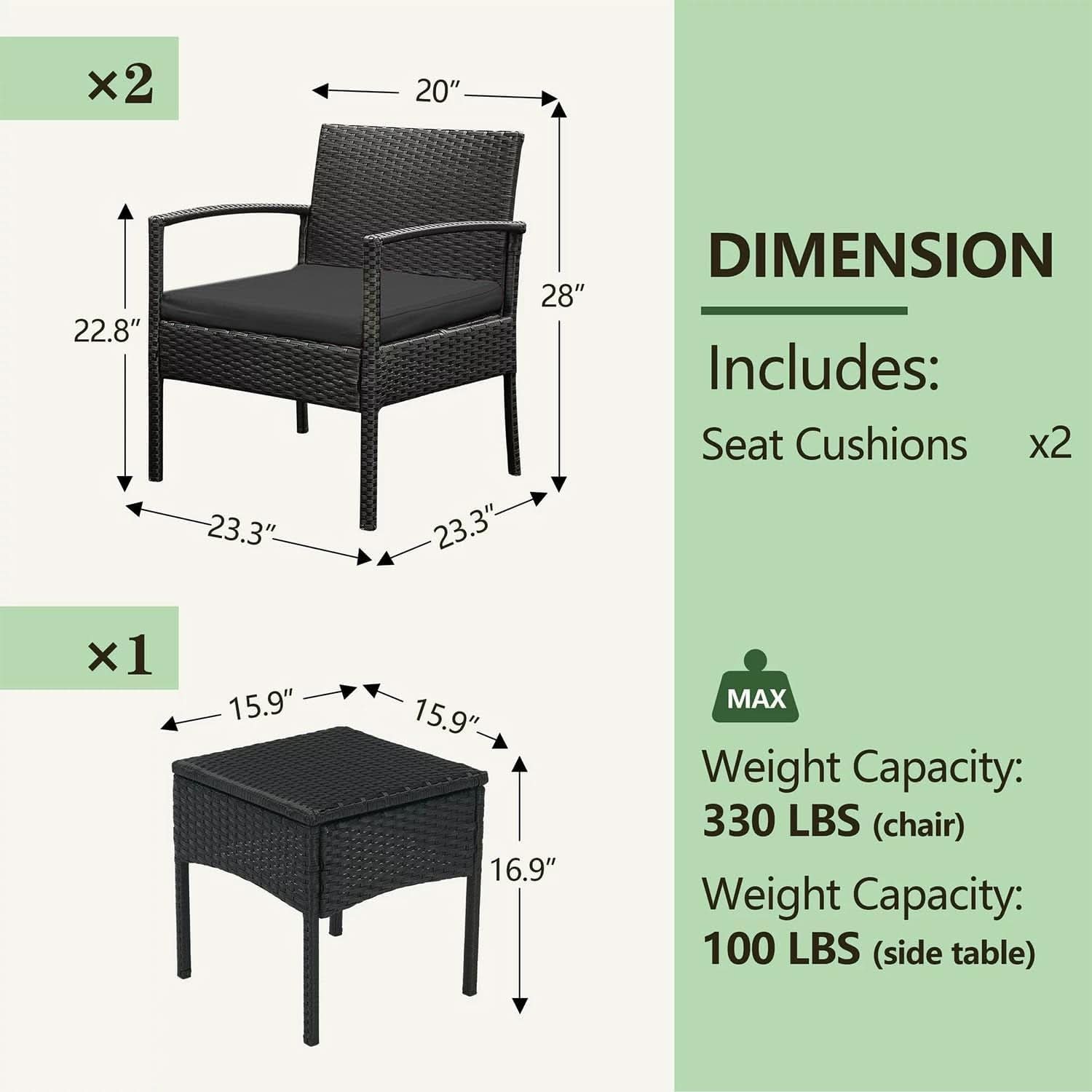 3 Piece Patio Rattan Conversation Chairs Set Outdoor Furniture Black Wicker For Garden Balcony Porch Yard