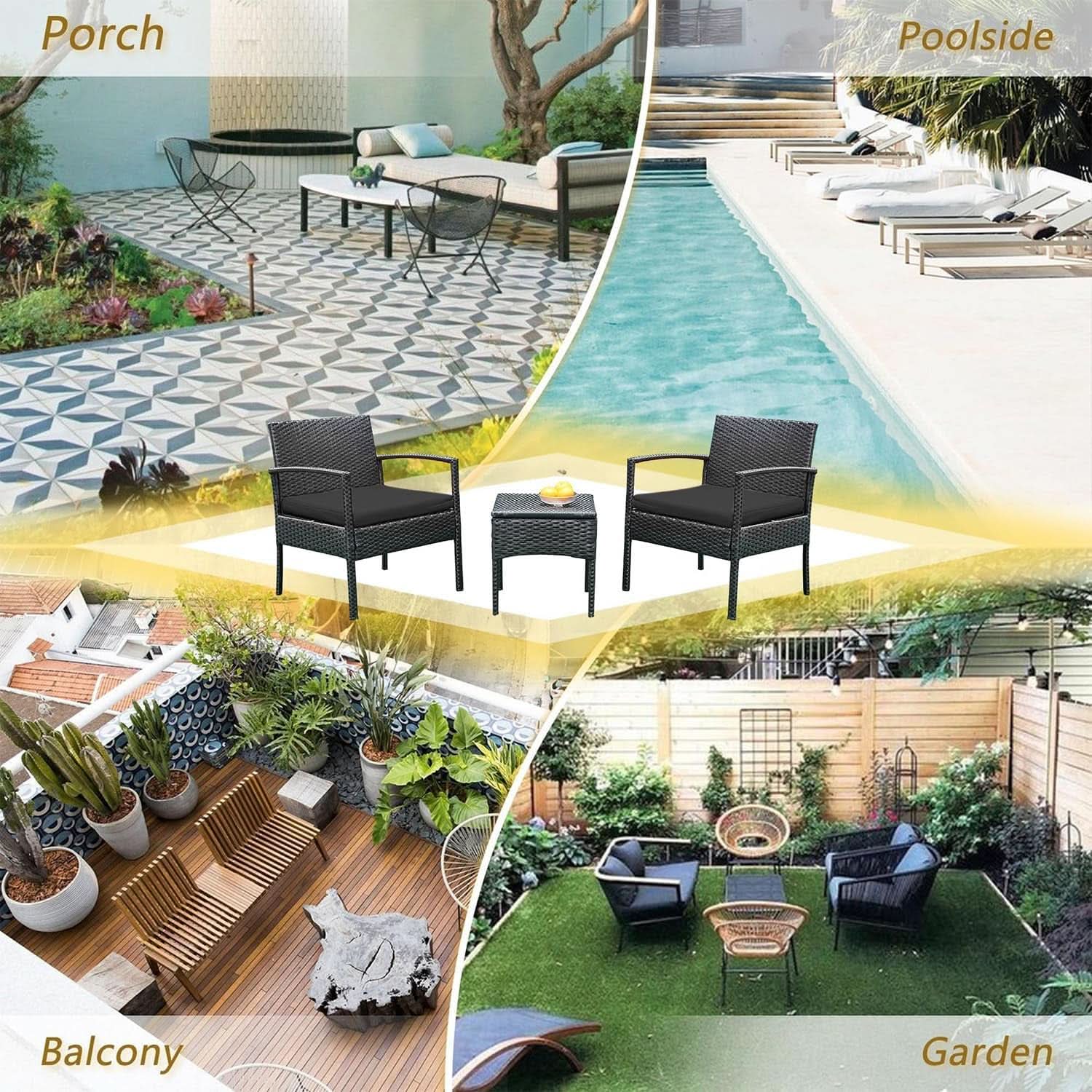3 Piece Patio Rattan Conversation Chairs Set Outdoor Furniture Black Wicker For Garden Balcony Porch Yard