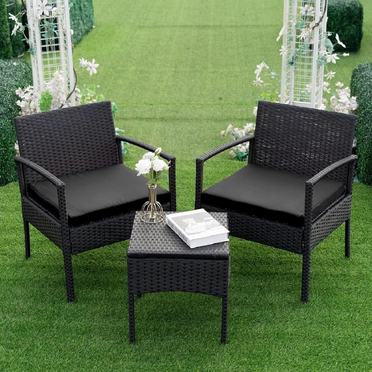 3 Piece Patio Rattan Conversation Chairs Set Outdoor Furniture Black Wicker For Garden Balcony Porch Yard