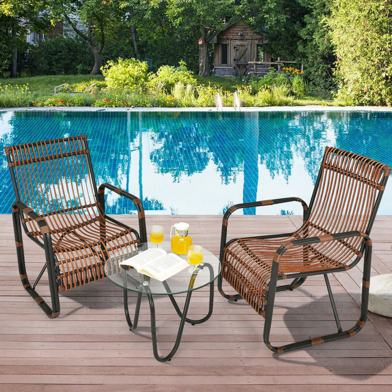 3 Piece Patio Rattan Furniture Set With 2 Chairs And Glass Side Table For Outdoor Use