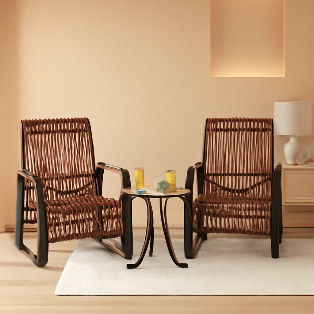 3 Piece Patio Rattan Furniture Set With 2 Chairs And Glass Side Table For Outdoor Use