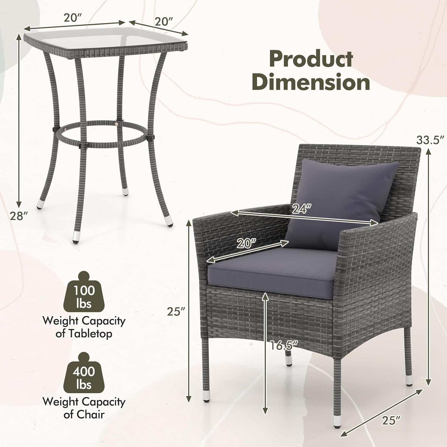 3 Piece Patio Set With Glass Table And Cushioned Chairs