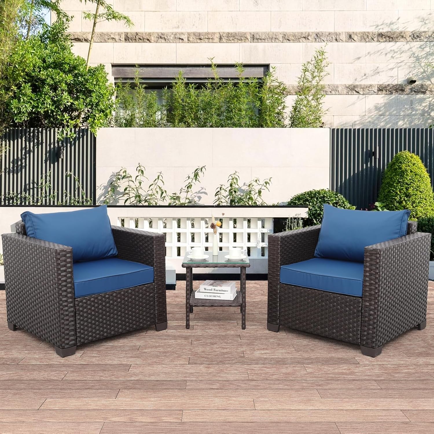 3 Piece Patio Set with Non-Slip Navy Cushions