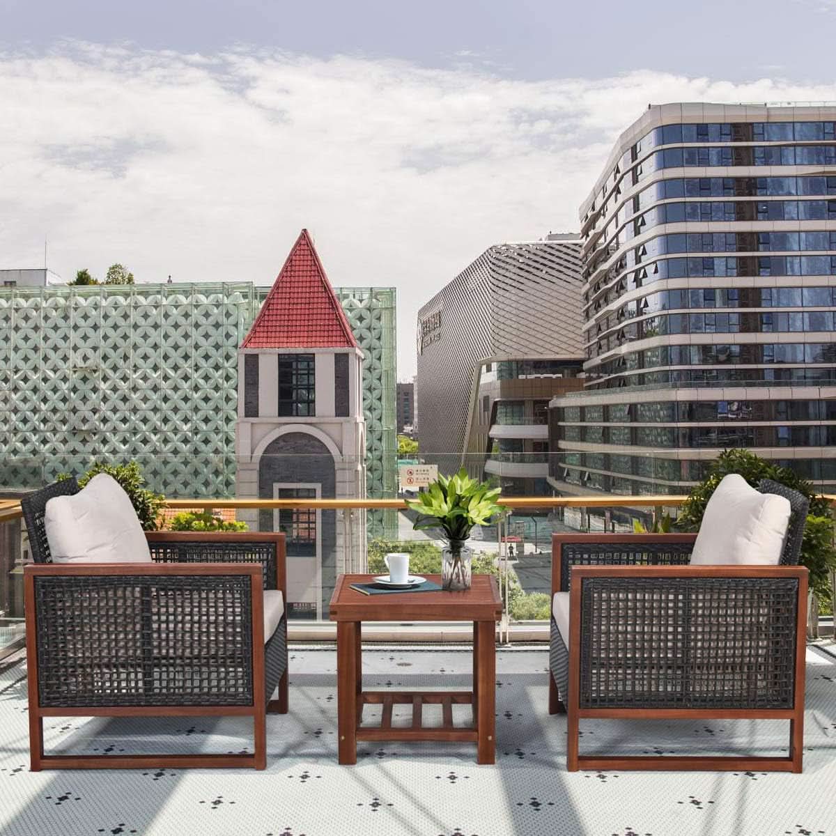 3 Piece Patio Wicker Furniture Set With Beige Washable Cushions And Acacia Wood Coffee Table