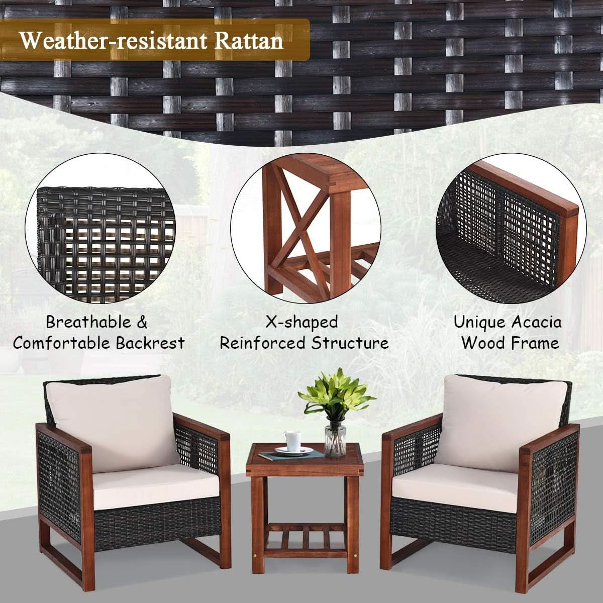 3 Piece Patio Wicker Furniture Set With Beige Washable Cushions And Acacia Wood Coffee Table