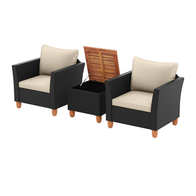 3 Piece Patio Wicker Furniture Set With Cushions And Acacia Wood Coffee Table Outdoor