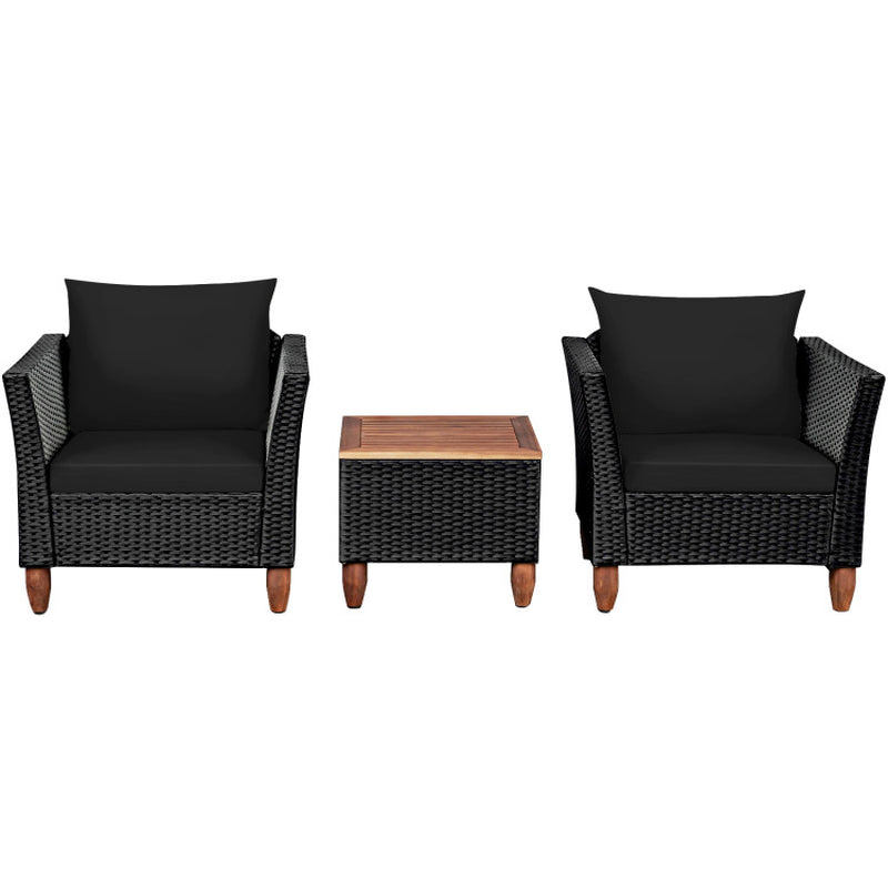 3 Piece Patio Wicker Furniture Set With Cushions And Acacia Wood Coffee Table Outdoor