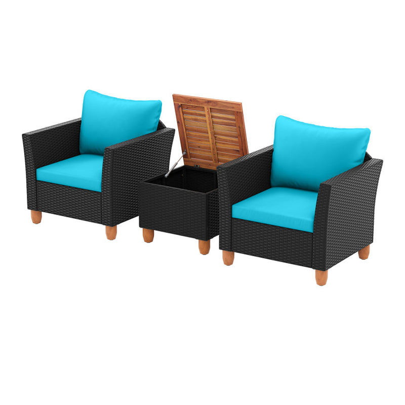 3 Piece Patio Wicker Furniture Set With Cushions And Acacia Wood Coffee Table Outdoor