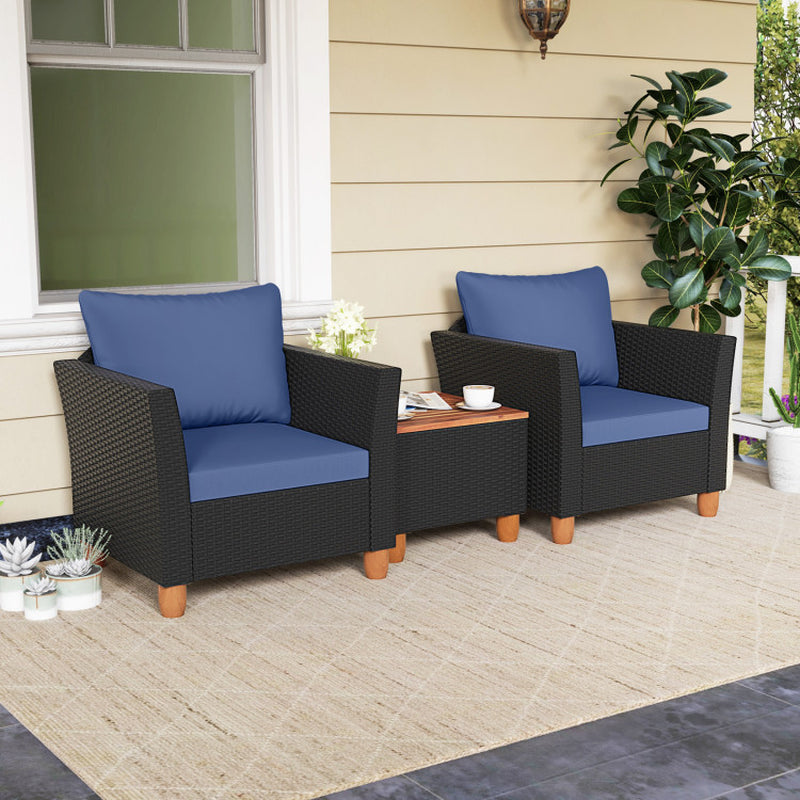 3 Piece Patio Wicker Furniture Set With Cushions And Acacia Wood Coffee Table Outdoor
