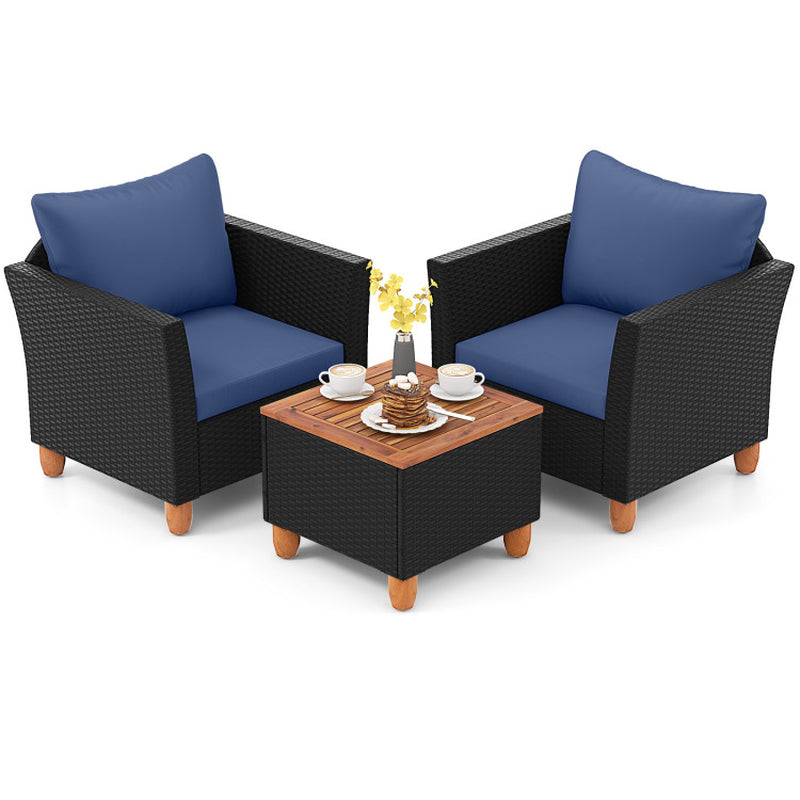 3 Piece Patio Wicker Furniture Set With Cushions And Acacia Wood Coffee Table Outdoor