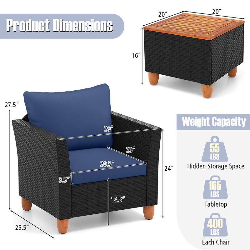 3 Piece Patio Wicker Furniture Set With Cushions And Acacia Wood Coffee Table Outdoor
