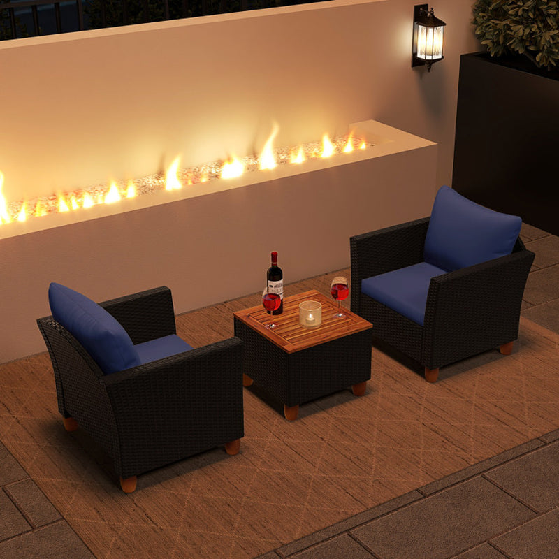 3 Piece Patio Wicker Furniture Set With Cushions And Acacia Wood Coffee Table Outdoor