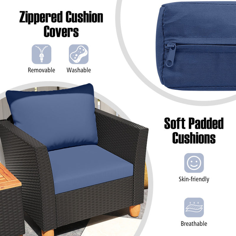 3 Piece Patio Wicker Furniture Set With Cushions And Acacia Wood Coffee Table Outdoor