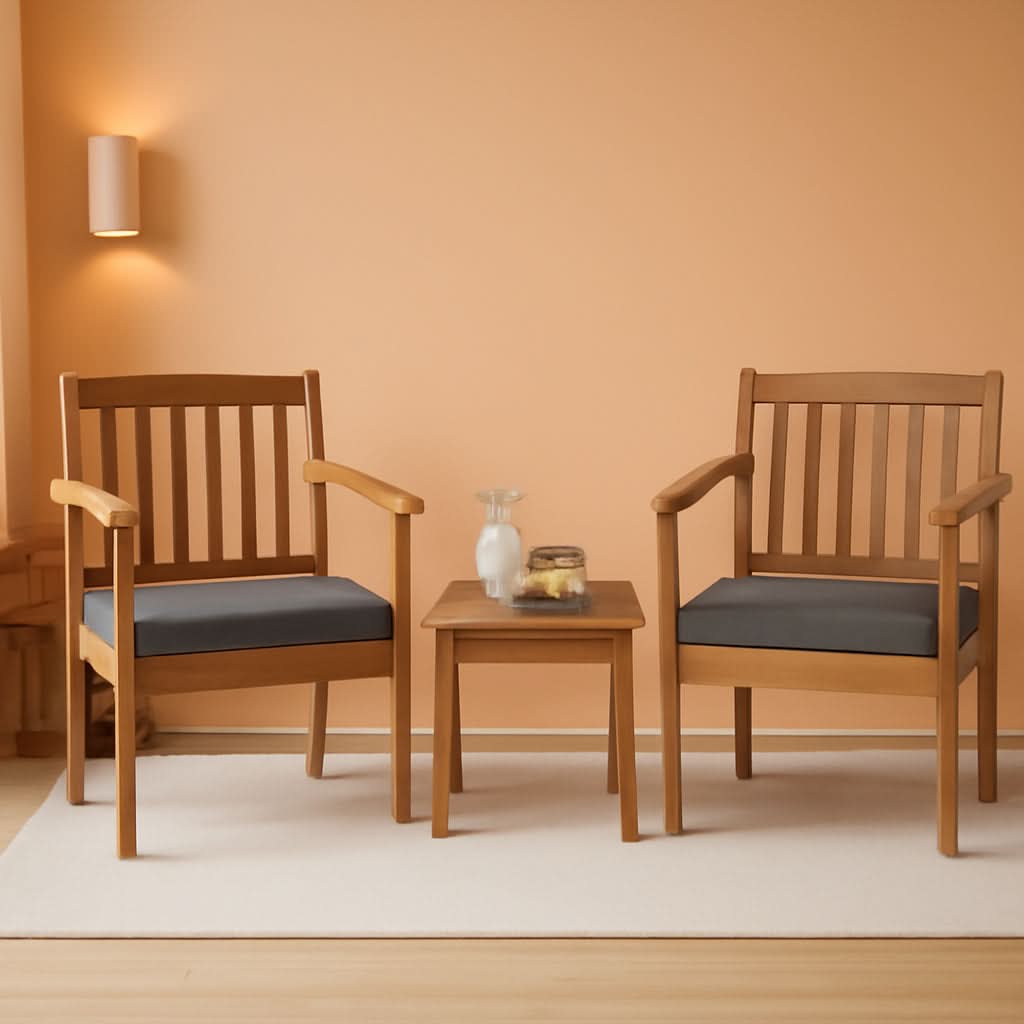 3 Piece Patio Wood Furniture Set With Acacia Wood Chairs And Coffee Table Cushions Slatted Grey Outdoor Set