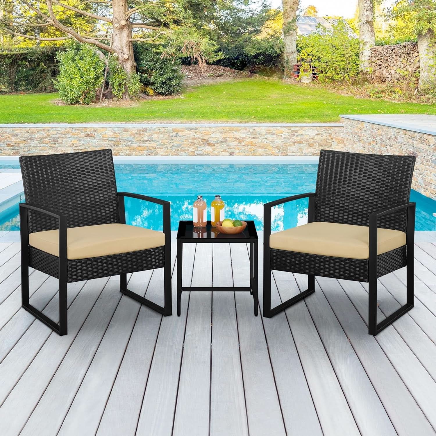 3 Piece Rattan Bistro Set Outdoor Furniture With 2 Chairs And Tempered Glass Coffee Table Black And Khaki