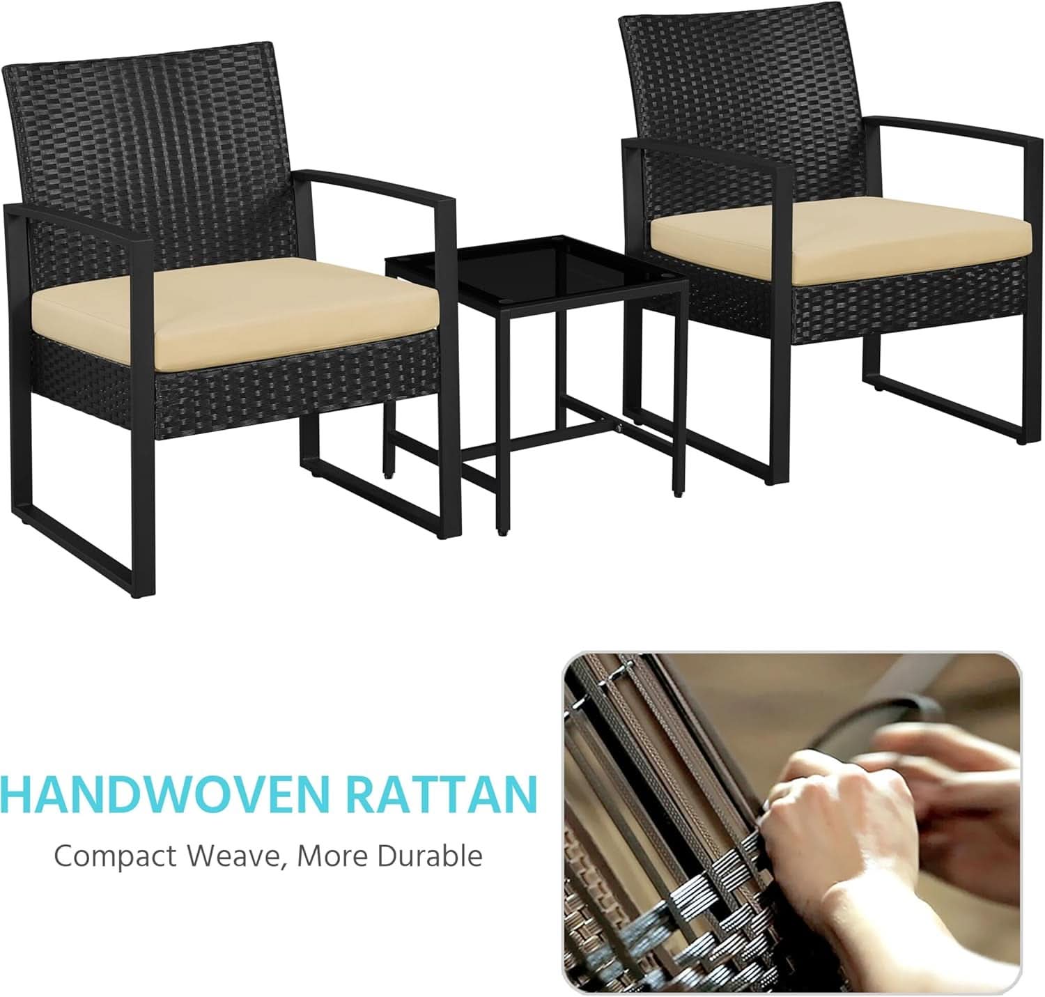 3 Piece Rattan Bistro Set Outdoor Furniture With 2 Chairs And Tempered Glass Coffee Table Black And Khaki