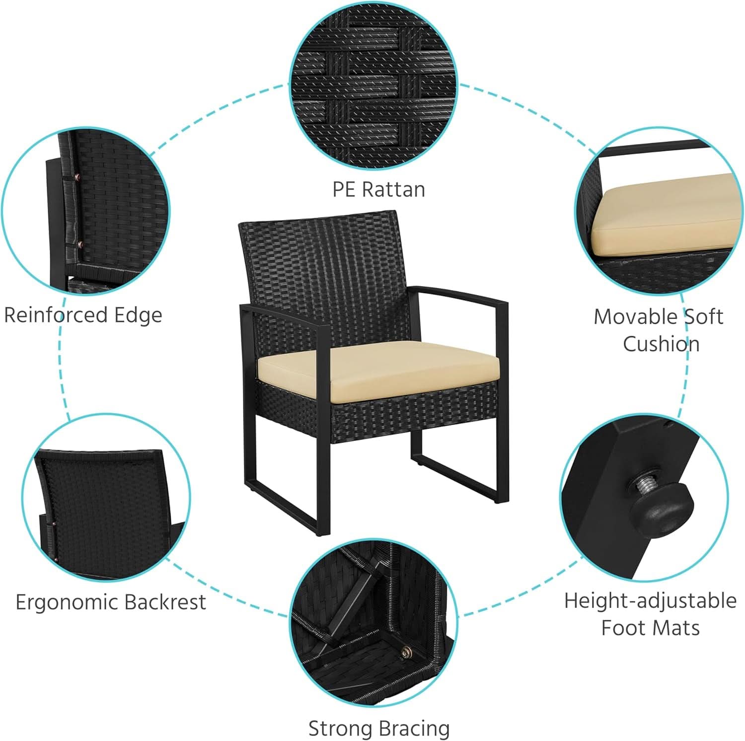 3 Piece Rattan Bistro Set Outdoor Furniture With 2 Chairs And Tempered Glass Coffee Table Black And Khaki