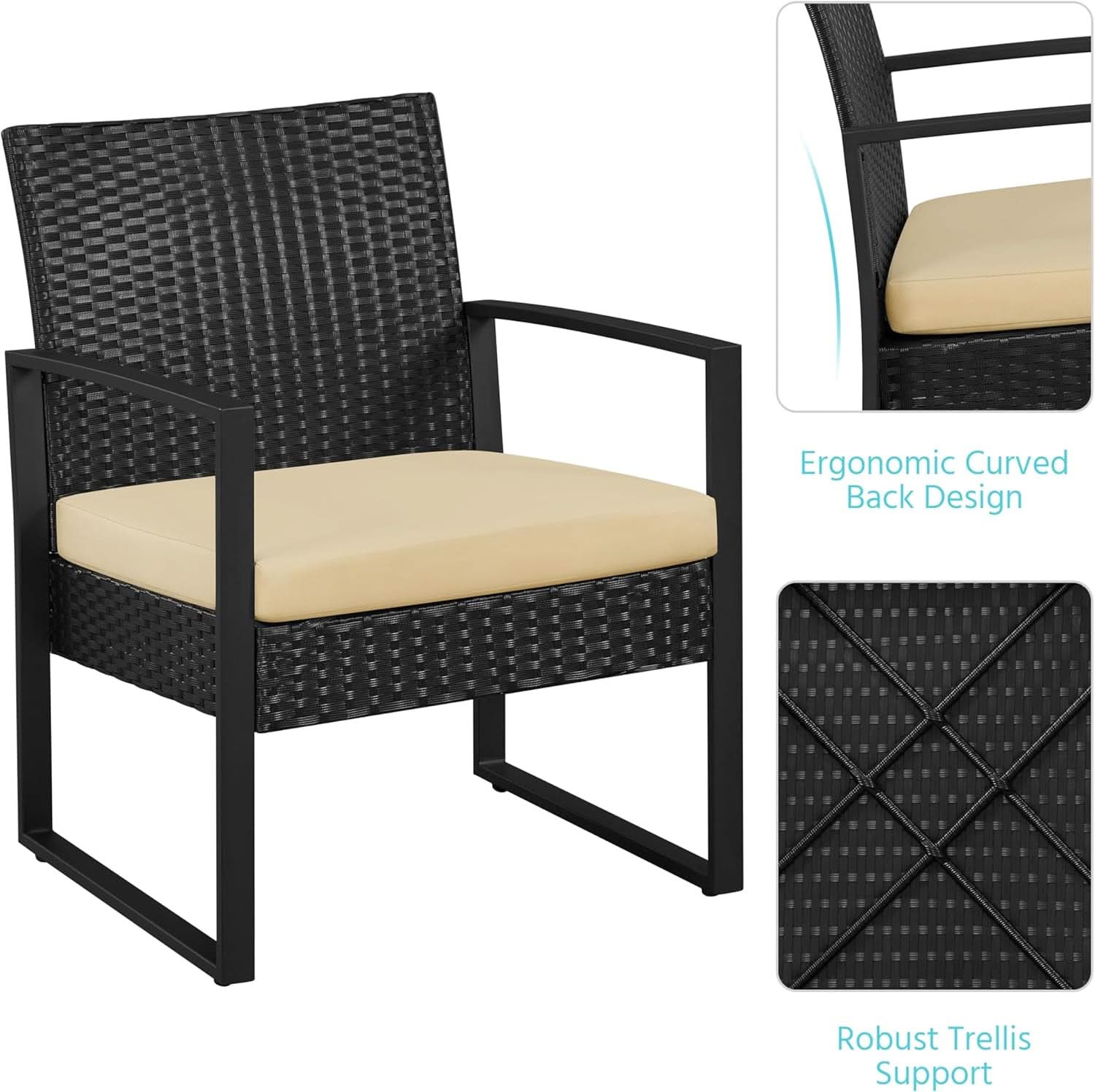 3 Piece Rattan Bistro Set Outdoor Furniture With 2 Chairs And Tempered Glass Coffee Table Black And Khaki