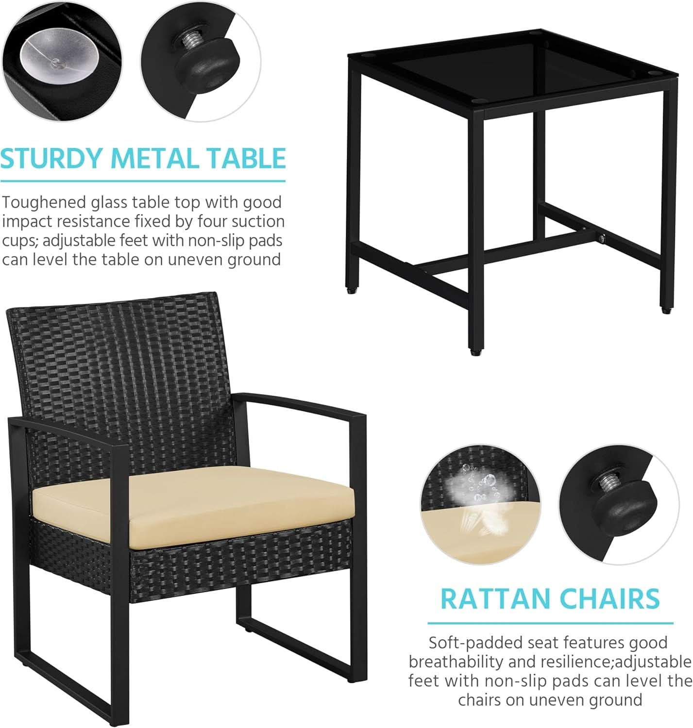 3 Piece Rattan Bistro Set Outdoor Furniture With 2 Chairs And Tempered Glass Coffee Table Black And Khaki