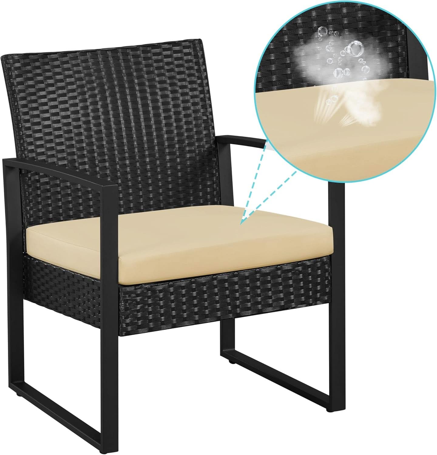 3 Piece Rattan Bistro Set Outdoor Furniture With 2 Chairs And Tempered Glass Coffee Table Black And Khaki