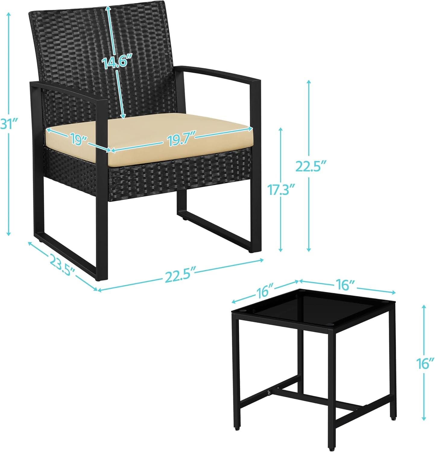 3 Piece Rattan Bistro Set Outdoor Furniture With 2 Chairs And Tempered Glass Coffee Table Black And Khaki