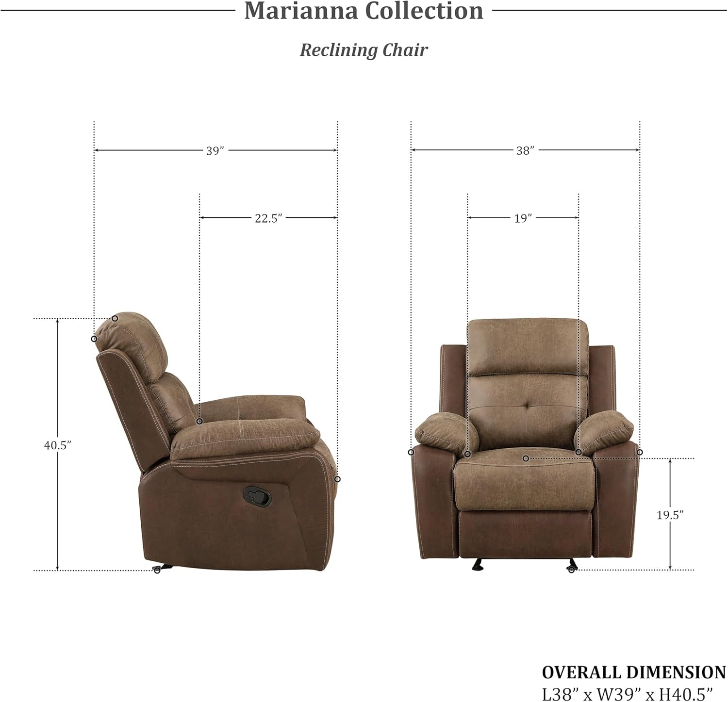 3 Piece Reclining Living Room Sofa Set Brown Fabric