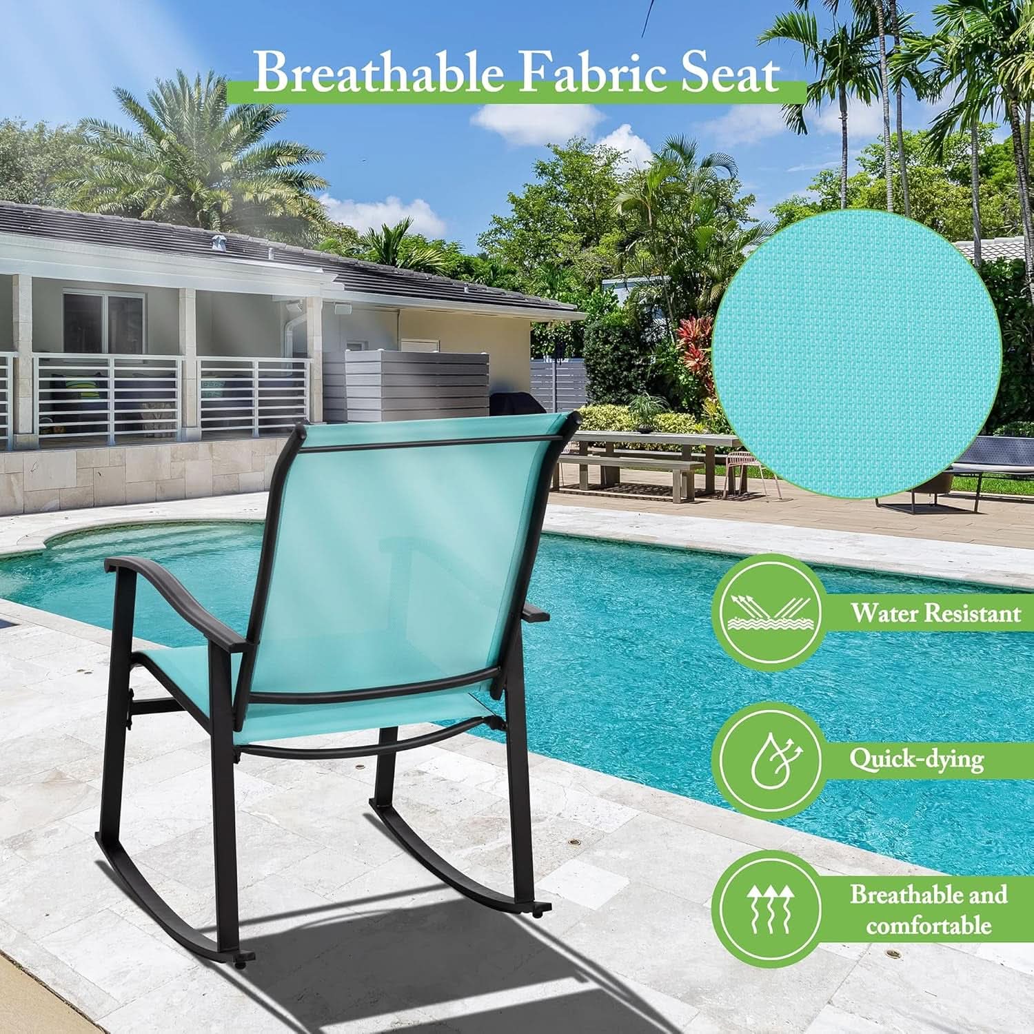 3 Piece Rocking Bistro Set Outdoor Furniture With Rocker Chairs And Glass Coffee Table For Small Space Blue
