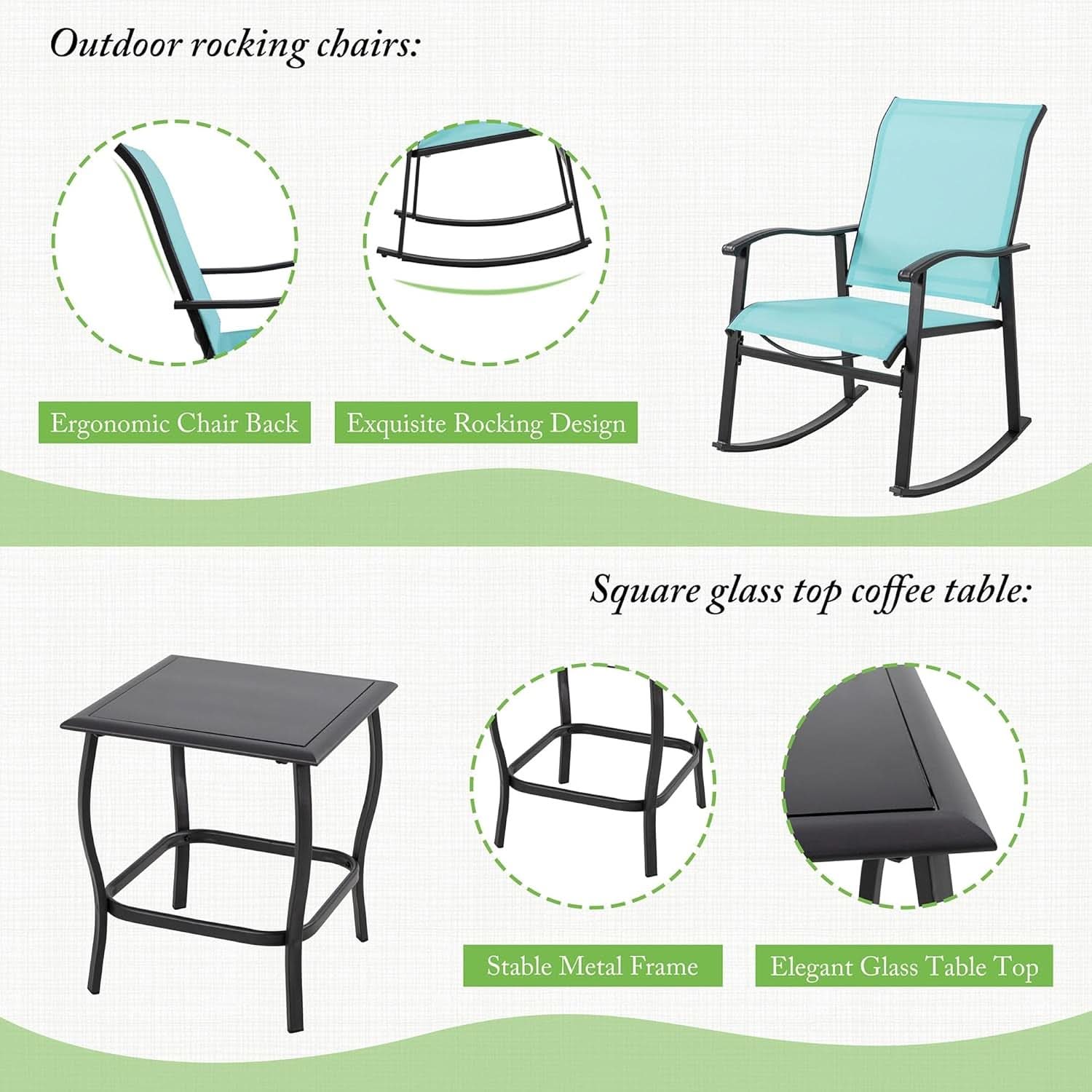 3 Piece Rocking Bistro Set Outdoor Furniture With Rocker Chairs And Glass Coffee Table For Small Space Blue