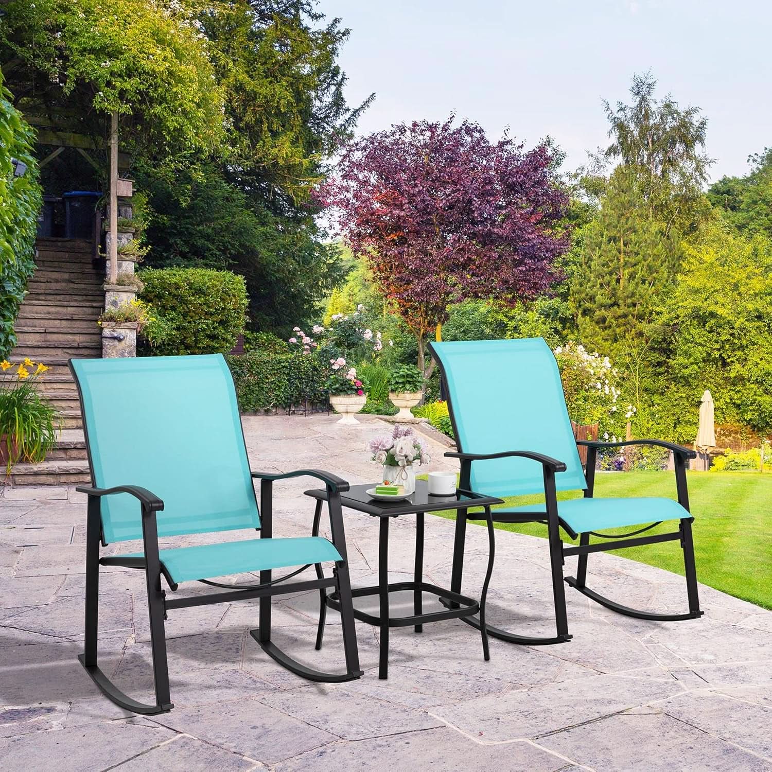 3 Piece Rocking Bistro Set Outdoor Furniture With Rocker Chairs And Glass Coffee Table For Small Space Blue