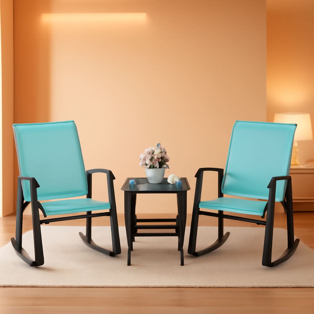 3 Piece Rocking Bistro Set Outdoor Furniture With Rocker Chairs And Glass Coffee Table For Small Space Blue